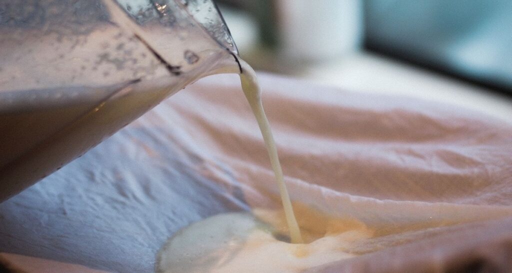 how to make soy milk for nautral dyeing soy milk pouring into cloth to be strained