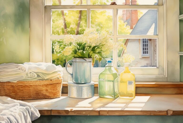 A cozy watercolor painting of a farmhouse laundry room in spring. Highlight natural cleaning products on the laundry bench. In the background there is a window. soft and natural lighting. the scene is cozy and comforting
