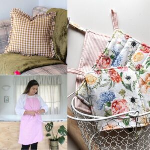 Collage of sewing projects for the home including a ruffle cushion cover, apron and floral pot holders