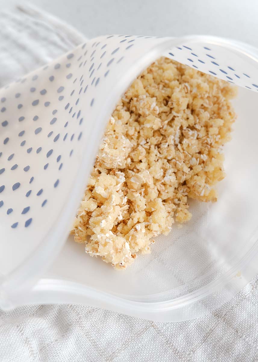 Crumble topping shown inside a freezer bag