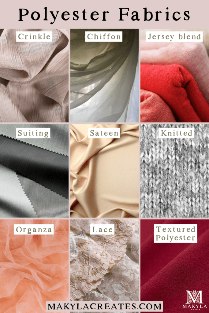 Collage of polyester fabric types. Crinkle, chiffon, jersey blend, suiting, sateen, knitted, organza, lace and textured polyester