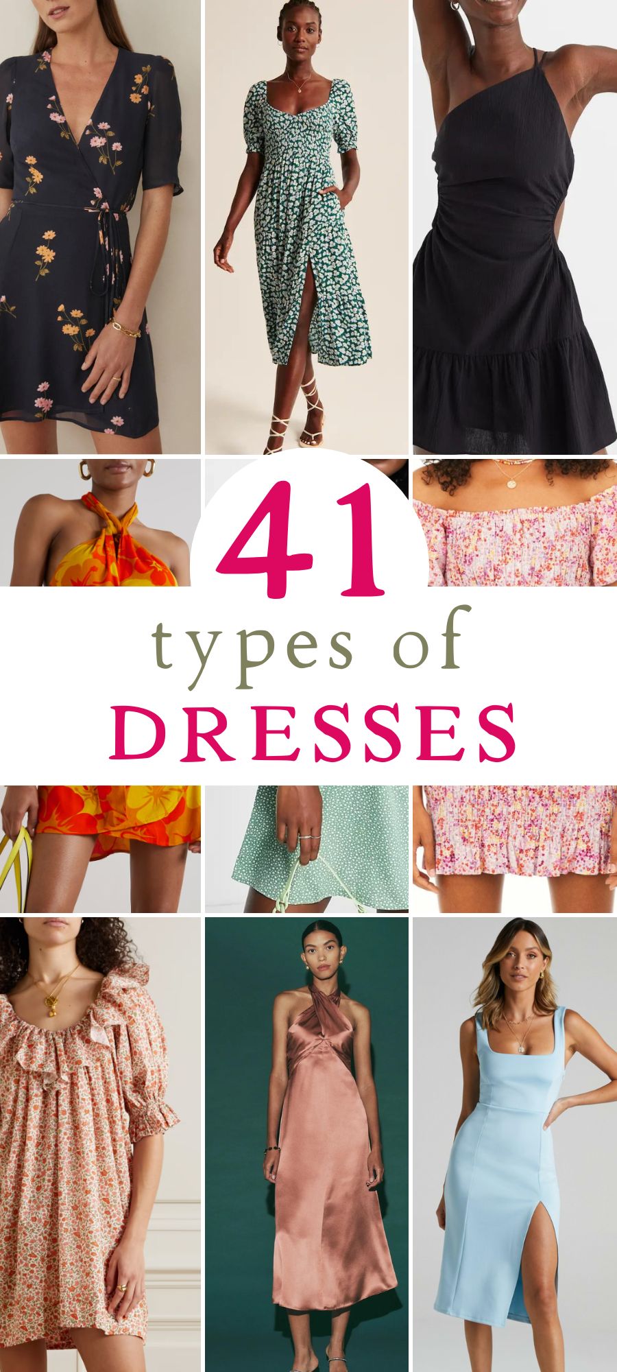 Collage of 9 different types of dresses on woman with pinterest pin title
