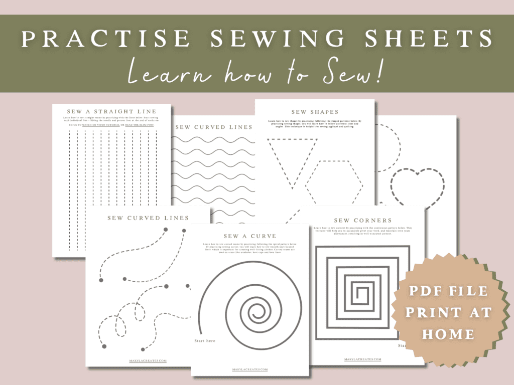 7 practise sewing sheets shown together in a collage