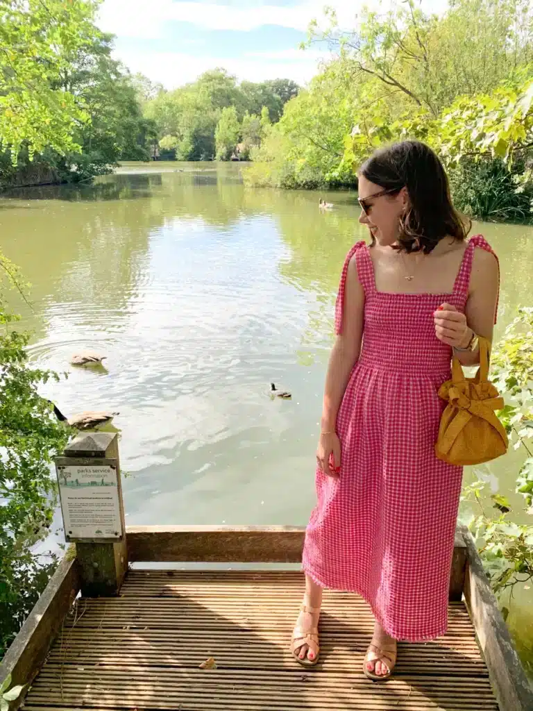 Kate wearing her shirred tie dress