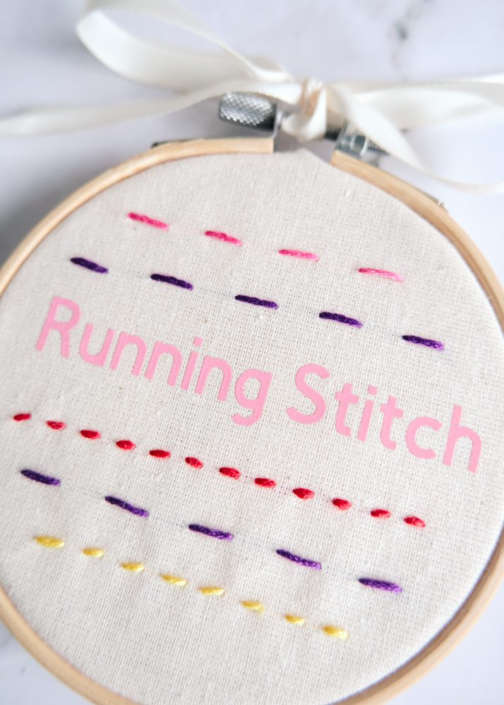 Close up of running stitches sewn onto calico in an embroidery hoop