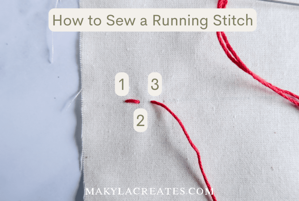 Showing the first running stitch with the start of the next stitch visible 