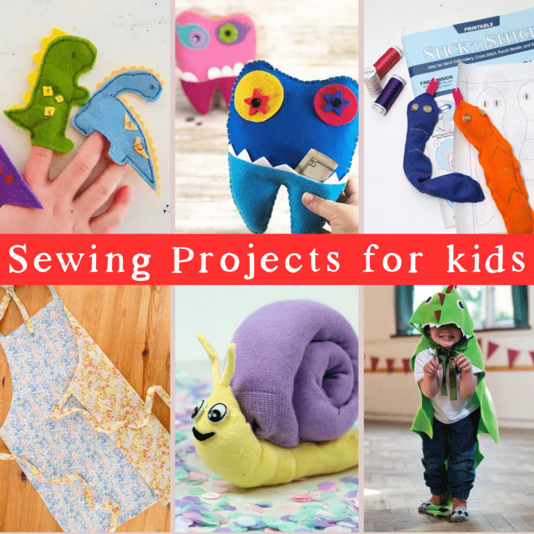 Collage of sewing projects for kids round up post