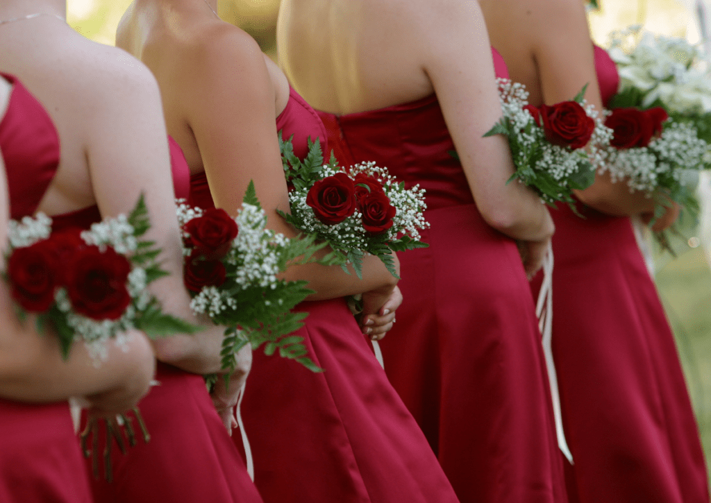 Women wearing cocktail dresses at a wedding