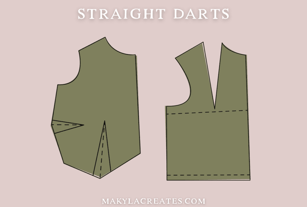 Straight darts shown on illustrations of flat bodice sewing patterns