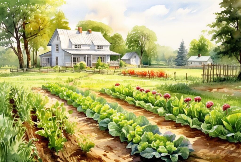 watercolor painting of a farmhouse vegetable garden. rows of vegetables in the springtime. country home in the background. beautiful details. soft and natural lighting 
