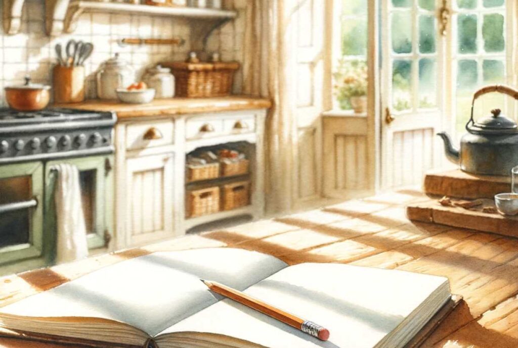 An empty note book and pencil in a charming cottagecore country kitchen