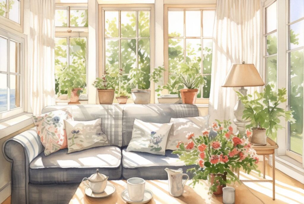 watercolor painting of a very neat and clean farmhouse living room with beautiful windows. country home. there is a striped couch. there is a bouquet of wildflowers on the coffee table. The room is very tidy. cottagecore. soft and natural lighting