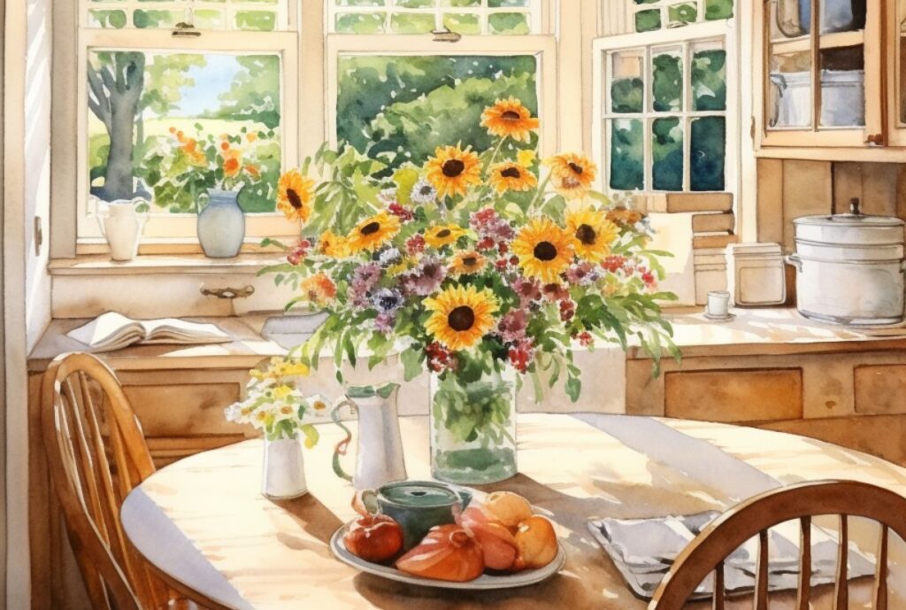 watercolor painting of a very neat and clean farmhouse kitchen with beautiful windows behind sink. it looks like it belongs in a country home. white shaker style cabinets, wooden table and chairs. there is a bouquet of wildflowers on the table. the room is very tidy. cottagecore style. soft and natural lighting