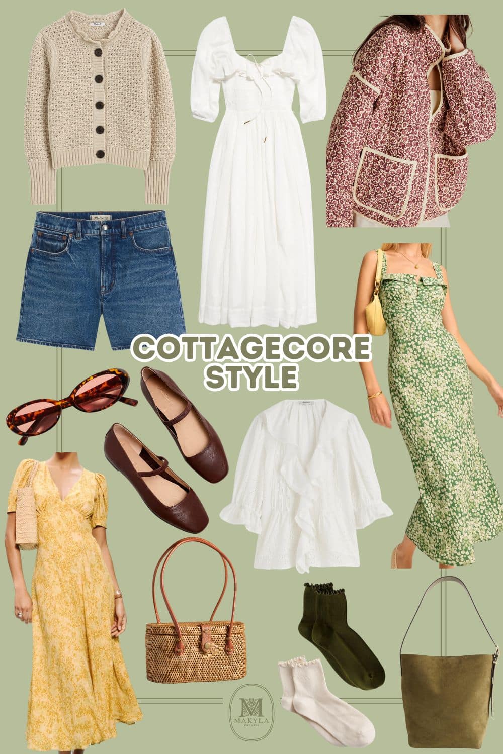 A collection of cottagecore-inspired clothing including a beige crochet cardigan, white flowy dress, a floral oversized jacket, sandals, and accessories like a woven handbag and earthy-colored socks, all arranged on a soft green background.