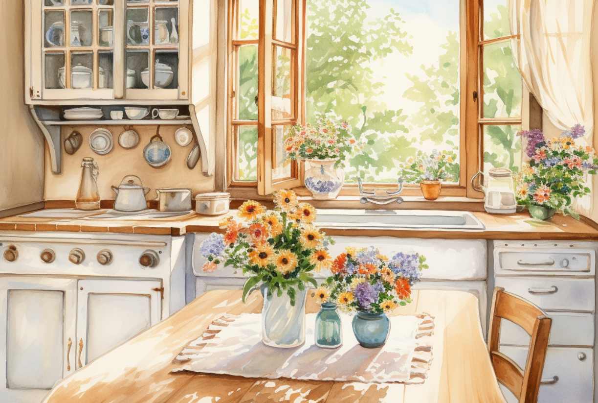 watercolor painting of a very neat and clean farmhouse kitchen with beautiful windows behind sink. it looks like it belongs in a country home. white shaker style cabinets, wooden table and chairs. there is a bouquet of wildflowers on the table. the room is very tidy. freshly baked chocolate chip cookies on the counter. grandmacore style. soft and natural lighting