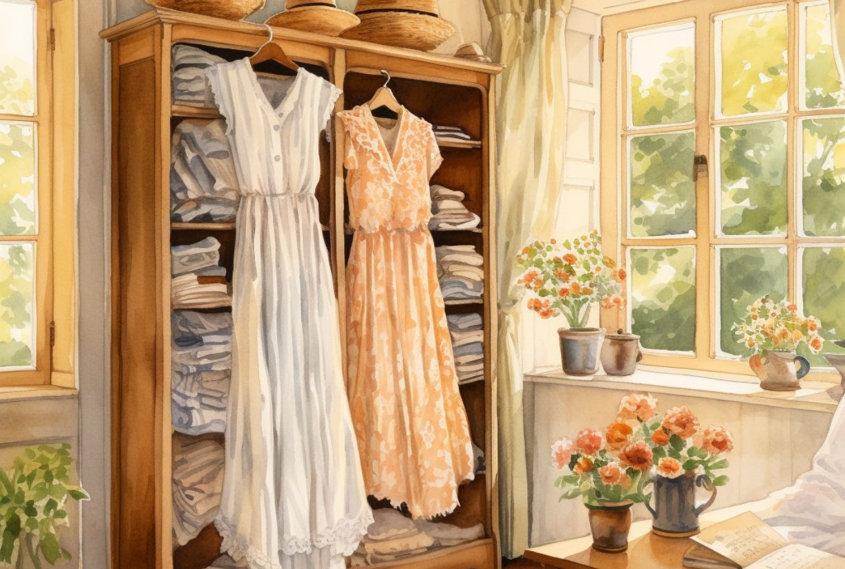 A cozy watercolor painting of a closet in a farmhouse bedroom in spring. Focus on the flowy dresses hanging up. cozy sweaters, straw hats. In the background there is a window. soft and natural lighting. the scene is cozy and comforting