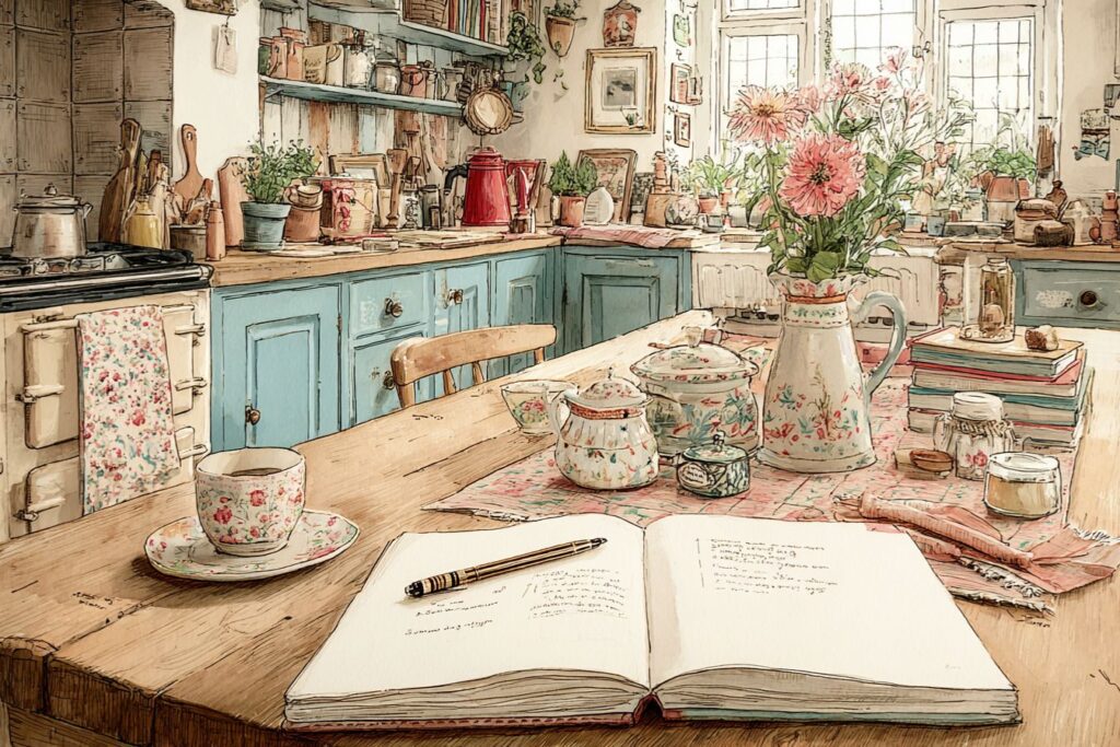 Charming country kitchen with blue cabinets, floral tea set, and an open recipe book on a rustic wooden table surrounded by flowers.