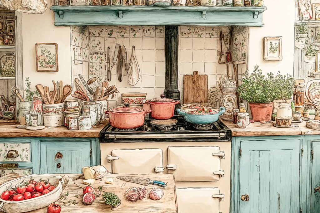 Country kitchen stove with blue cabinets, pots of herbs, and colourful cast iron cookware, surrounded by fresh vegetables ready for cooking.