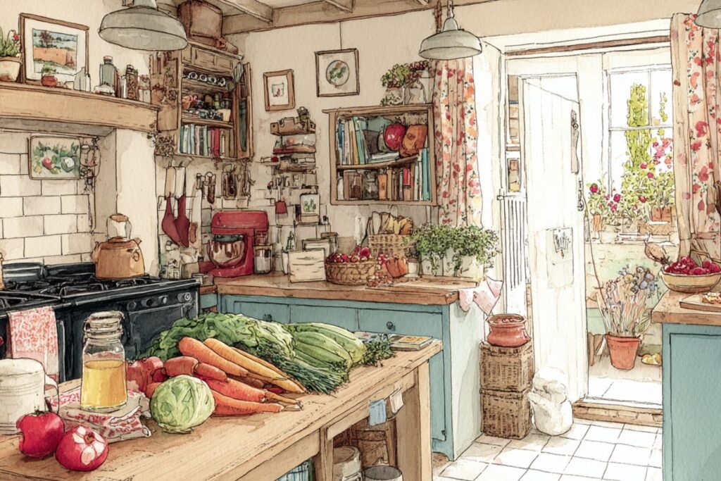 Bright farmhouse kitchen with fresh carrots, cabbage, and apples on a wooden island, shelves of jars and cookbooks, and an open back door to a sunny garden.