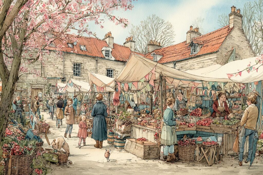 Bustling farmers market in a quaint village square with stalls selling fresh produce, flowers, and handmade goods under bunting flags.
