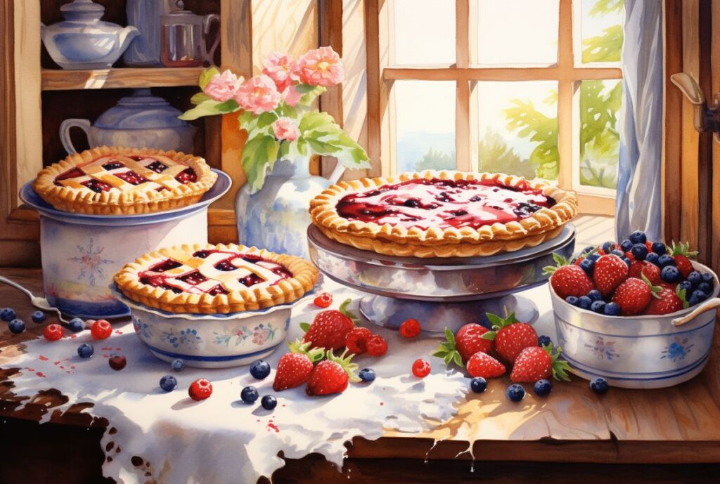 watercolor painting of scrumptious pies bursting with strawberries to plump blueberries. In a farmhouse kitchen. It is springtime. beautiful details. soft and natural lighting