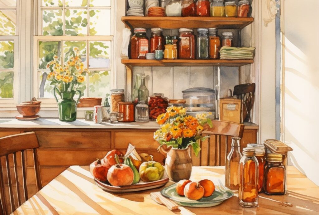 A cosy cottage kitchen with lots of home canned foods and fruit on the dining table.