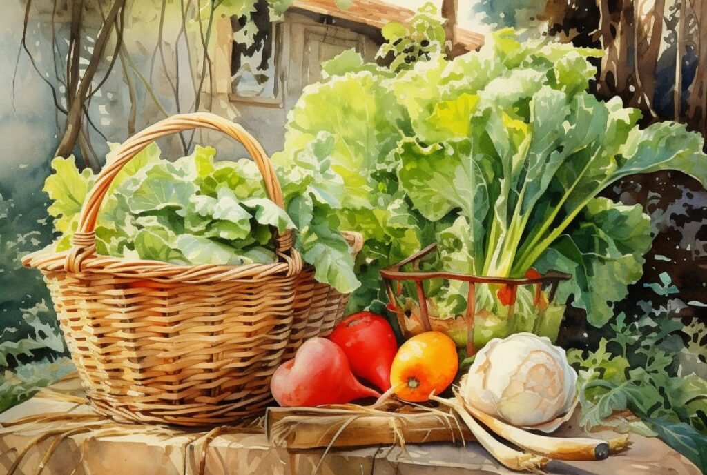 Baskets of fresh produce from the garden