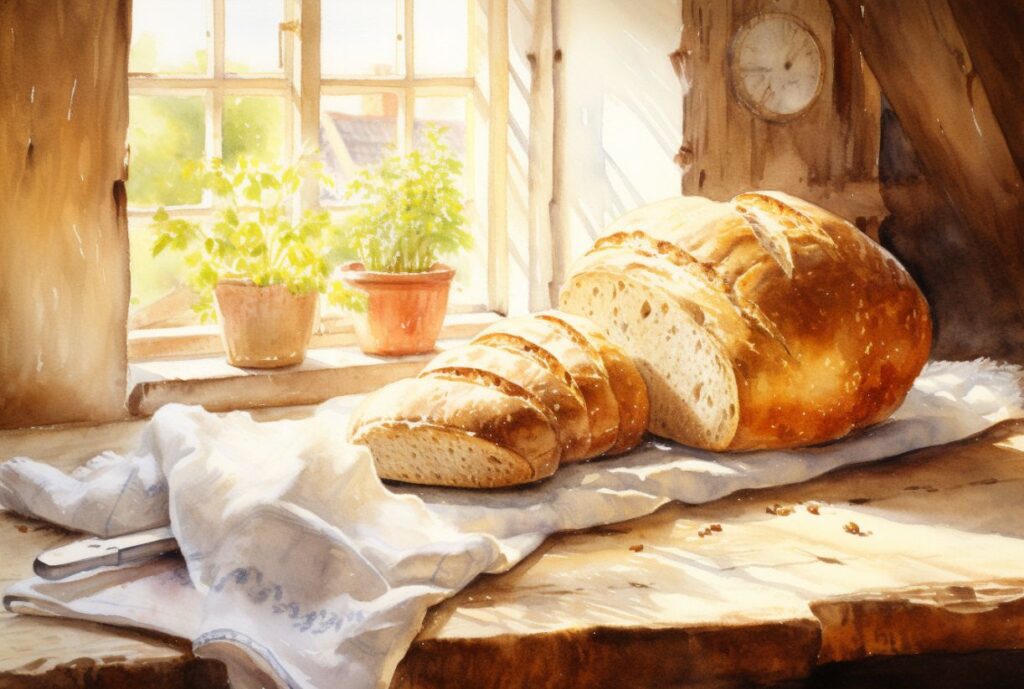 Fresh loaf of homemade bread on a farmhouse bench