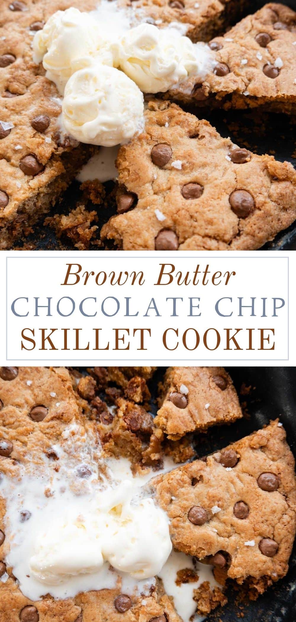 Brown butter chocolate chip cookie in a pink skillet fry pan