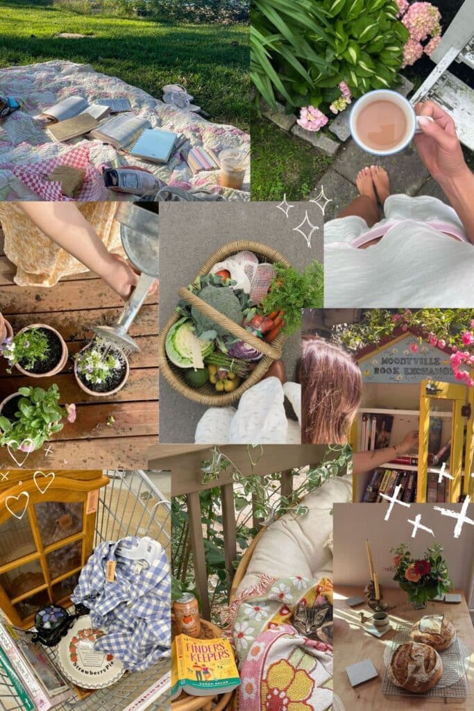 A cottagecore lifestyle mood board collage featuring nine photos: a pink patchwork quilt spread by a river with open books and snacks; a hand holding a milky tea mug while standing barefoot in a garden beside pink hydrangeas; hands watering small potted plants on a wooden deck; an overhead view of a wicker basket filled with fresh vegetables; a woman browsing the yellow Moodyville Book Exchange little free library surrounded by pink roses; a thrift store cart with a blue gingham shirt, wooden curio cabinet, and strawberry pie plate; a cozy rattan chair on a porch with a kitten, colorful blankets, and a copy of "Finders Keepers"; and a sunlit wooden table with two sourdough loaves, a beeswax candle, and a flower arrangement. White doodles of stars, hearts, and crosses are layered over the images.