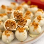 close up of white chocolate biscoff truffles