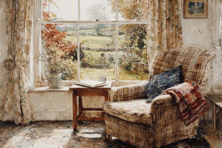 A cozy watercolor living room featuring a plaid armchair with a blue pillow and a red throw blanket. A small wooden table with a notebook sits next to a large window overlooking a scenic countryside.