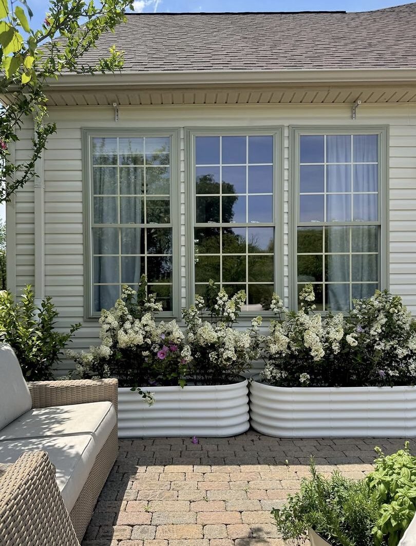 Two white metal raised garden beds filled with white flowers placed in front of windows on a light-coloured house