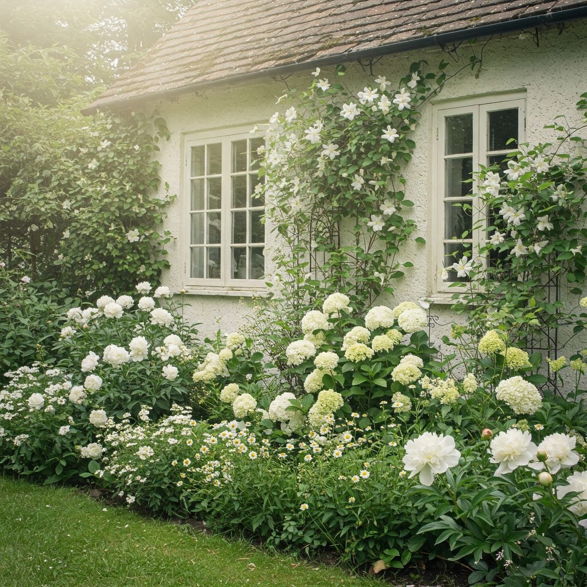 White cottage house with white peonies, white hydrangeas, and white clematis climbing up the wall