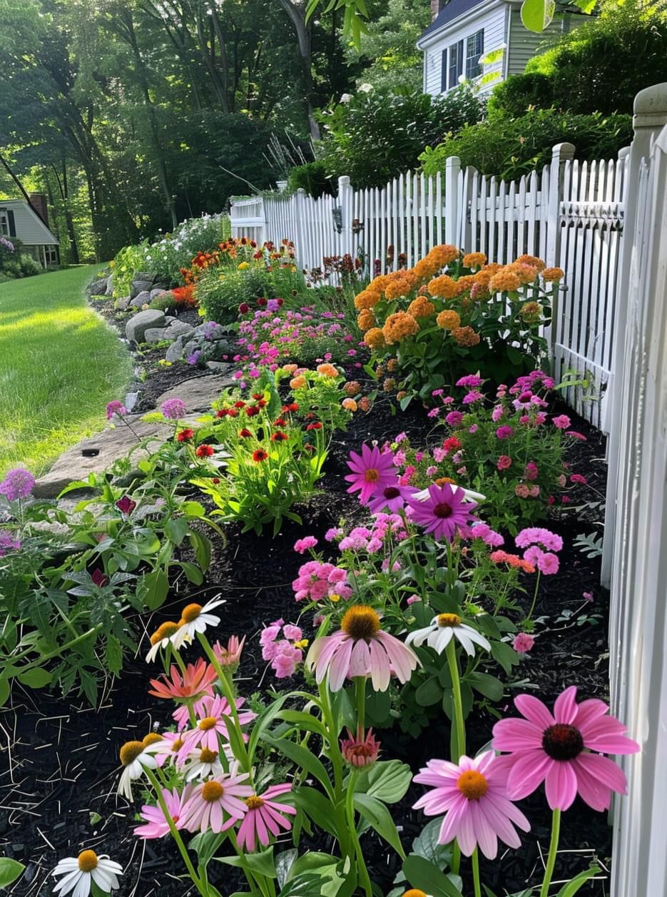 A lush cottage garden border along a white picket fence with pink and white coneflowers, orange marigolds, and colourful mixed perennials in dark mulch.
