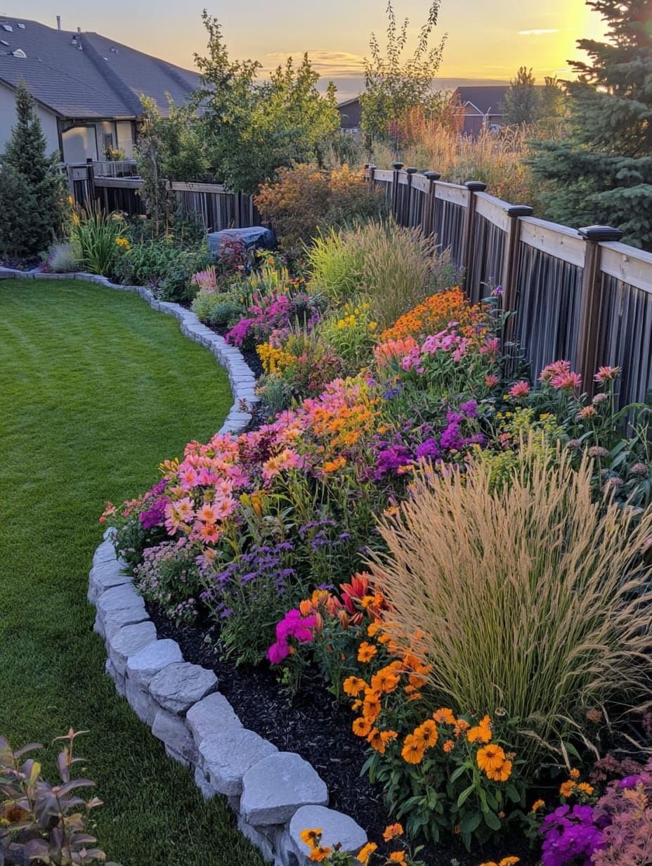 A long curved flower border along a backyard wooden fence filled with orange, pink, and purple flowers, ornamental grasses, and black mulch, photographed at golden hour.