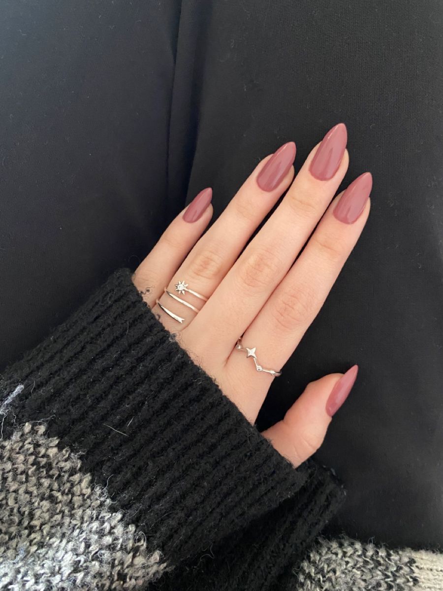Long almond nails in a deep muted mauve gel polish