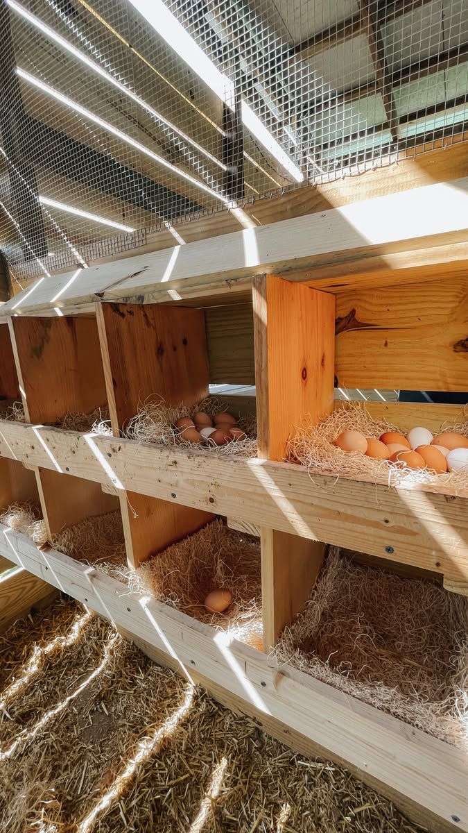 Two-tier open wooden nesting boxes inside a sunny chicken coop, with multiple brown and white eggs visible in straw-filled compartments, sunlight streaming through wire mesh overhead