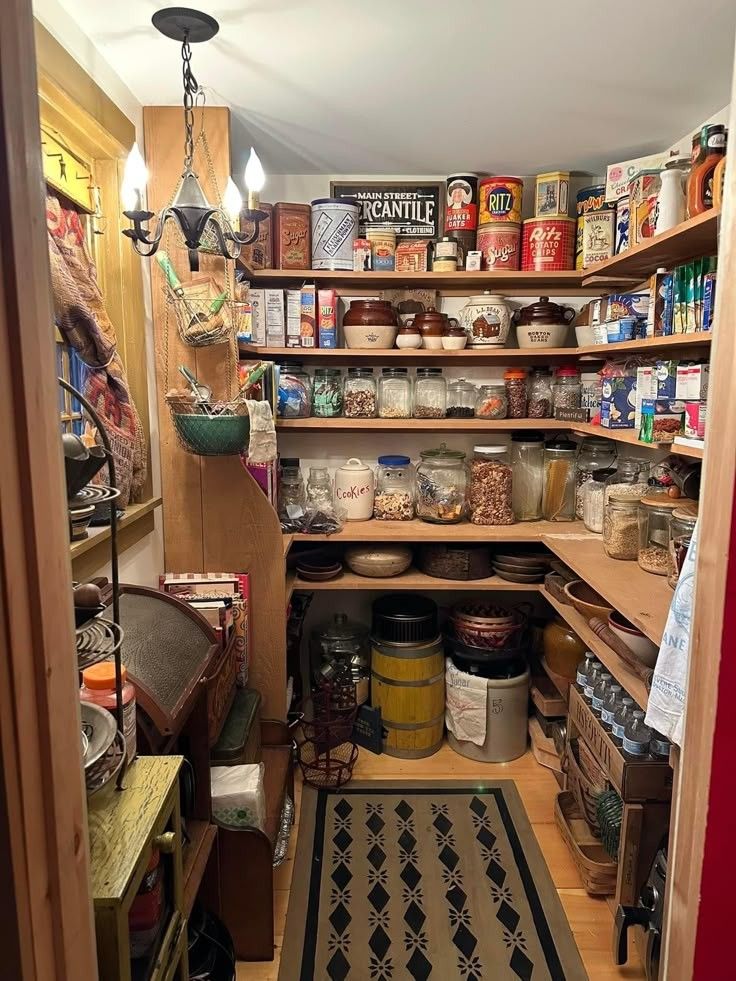 Small rustic farmhouse pantry room with L-shaped natural wood shelves, a wrought iron candle chandelier, vintage tin canisters and stoneware crocks, assorted glass jars, and a black and cream diamond-patterned floor rug