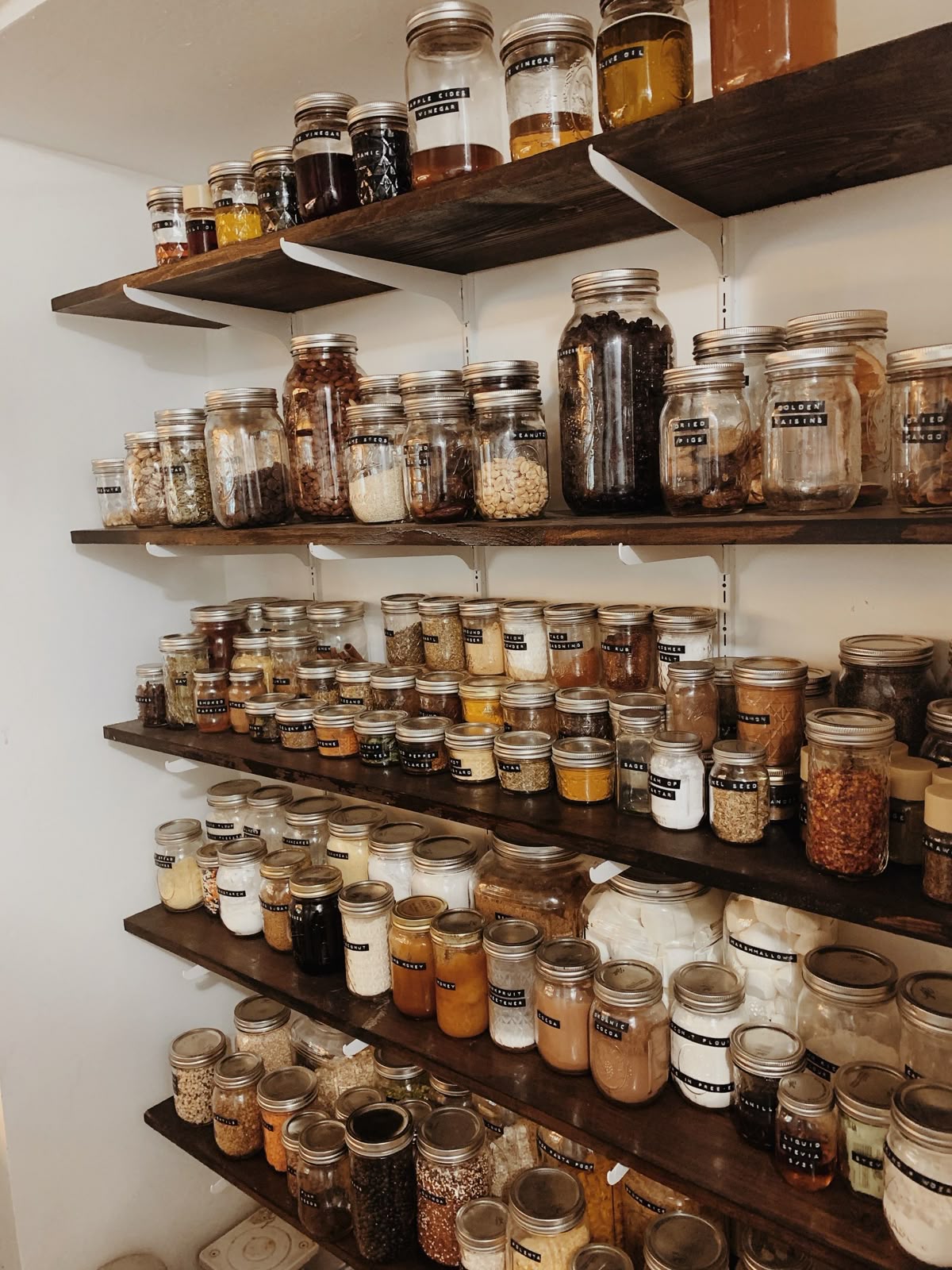 Wall of dark stained floating wood shelves completely filled edge to edge with labelled mason jars containing spices, grains, nuts, dried fruits, flours, and sweeteners, with black tape labels on every jar