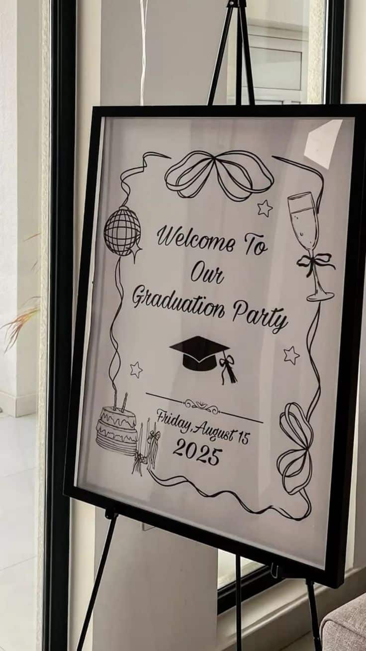 Black framed welcome to our graduation party sign on an easel with illustrated doodles and the party date