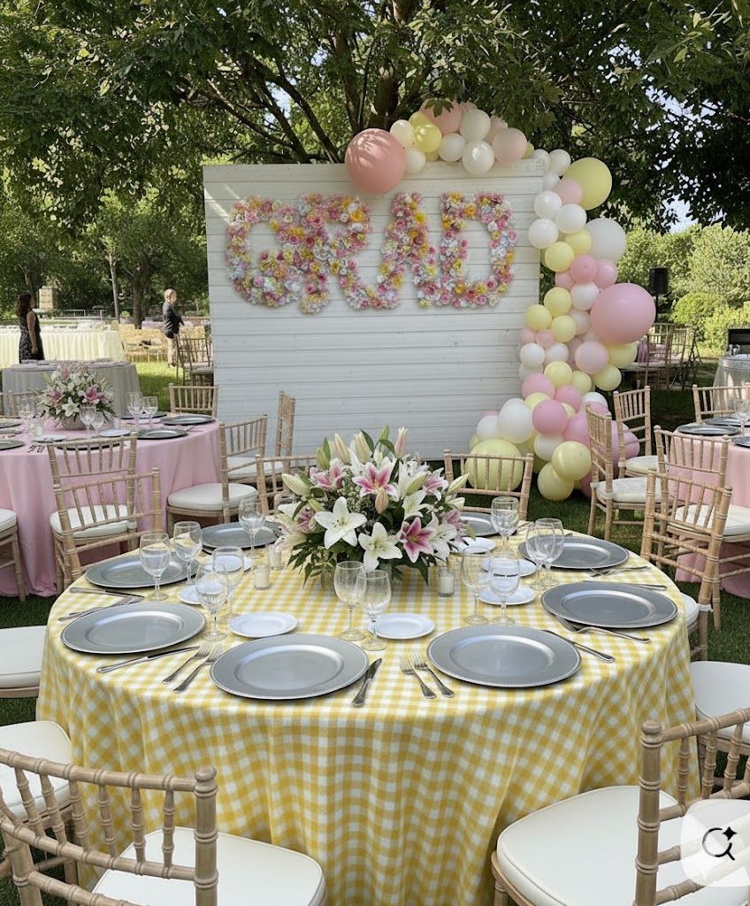 Outdoor graduation garden party table setting with yellow gingham tablecloth fresh lily centrepiece silver charger plates and chiavari chairs with a floral letter backdrop behind