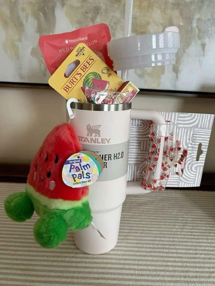 White Stanley Quencher H2.0 tumbler with a watermelon Palm Pals plush toy on the handle, Burt's Bees watermelon lip balm, Touchland wild watermelon hand sanitizer, and a watermelon print straw cup alongside