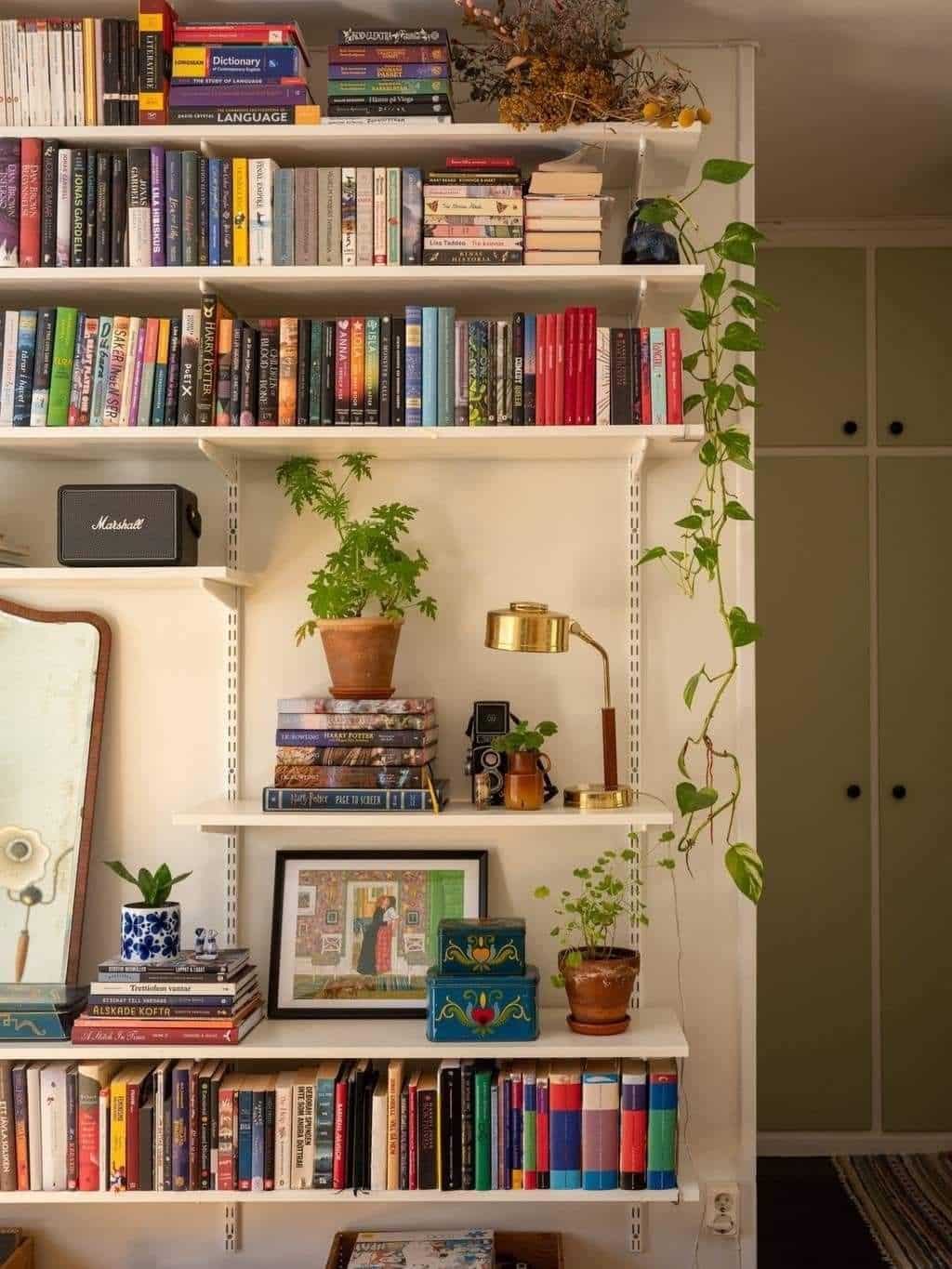 White wall shelves filled with colourful books and plants including a trailing golden pothos, with a brass lamp and decorative tins