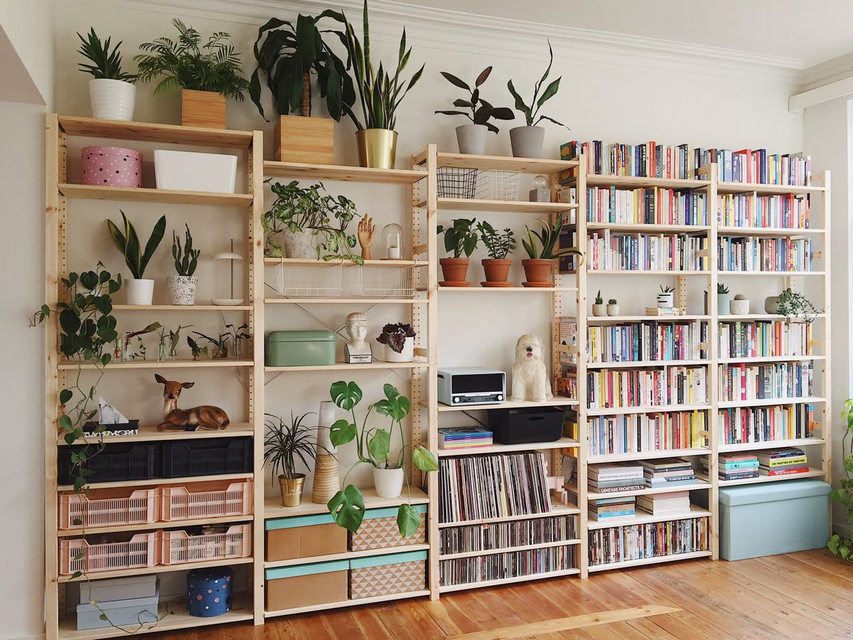 Wide natural pine shelving units filled with a mix of books, indoor plants, vinyl records, and decorative objects in a bright living room