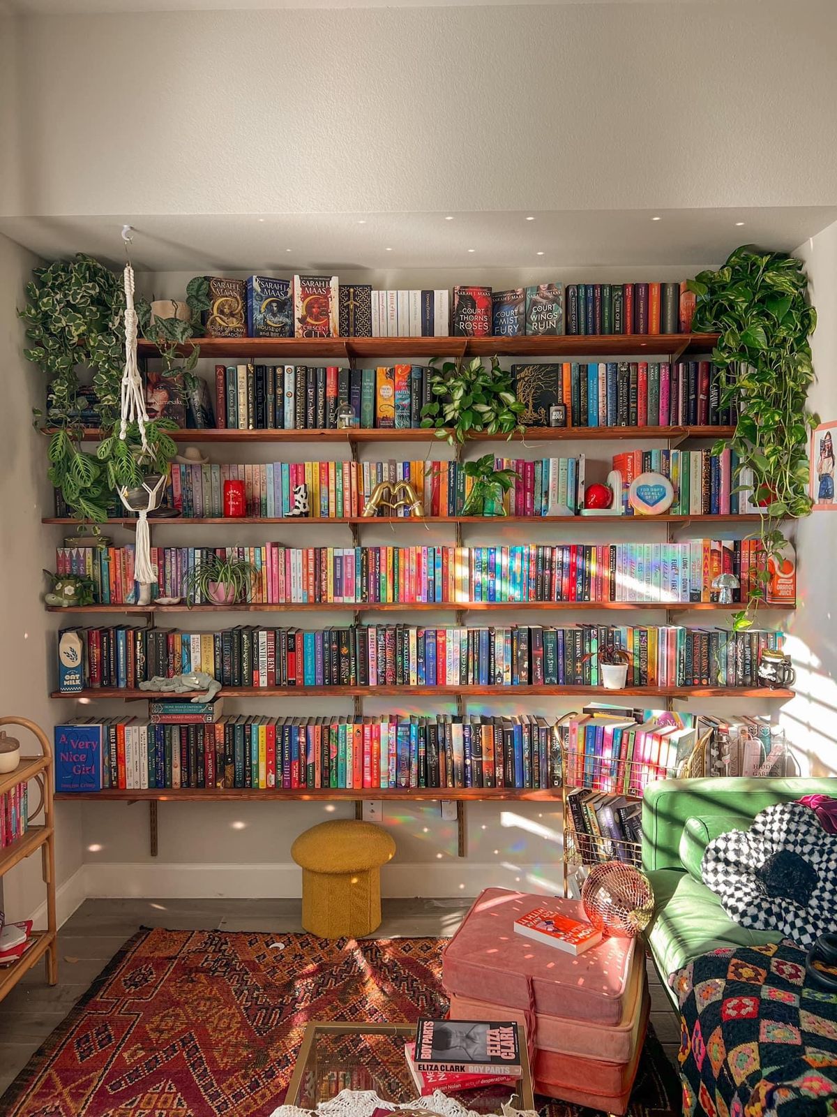 Wall-spanning dark timber floating shelves colour-coded with books, trailing plants, and small decorative objects in a bright boho living room