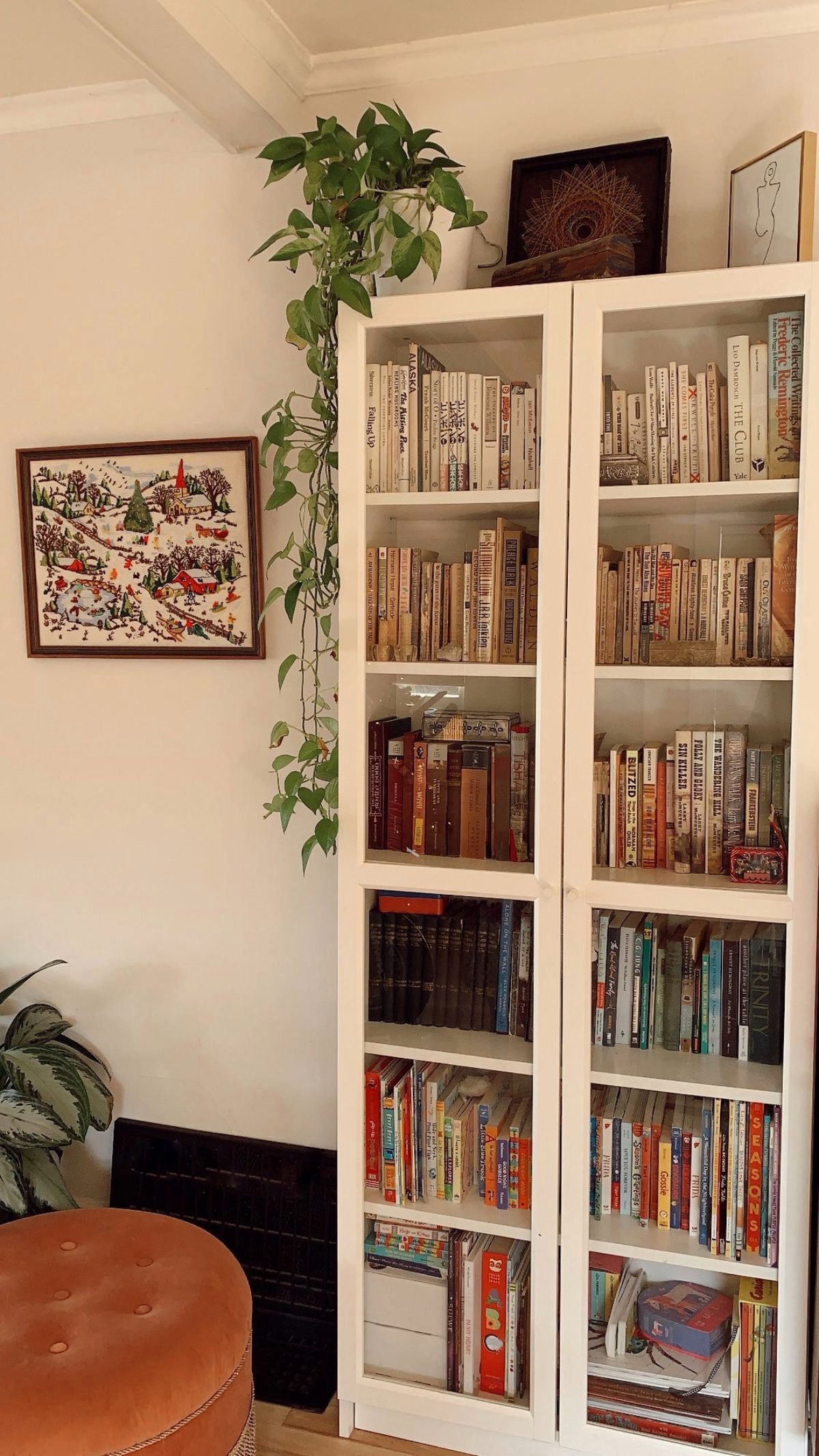 Tall white glass-door bookcase filled with books and small objects, with a trailing pothos plant cascading down from the top
