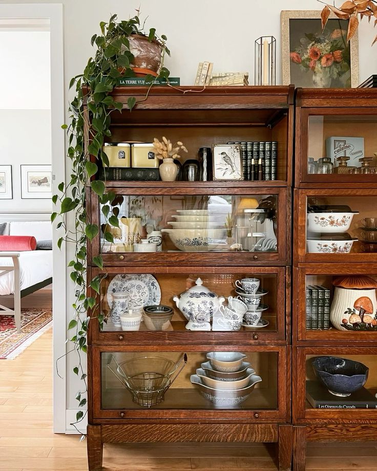 Warm antique oak barrister bookcase with glass-fronted shelves displaying vintage Pyrex bowls, blue and white transferware, and mushroom ceramics, with a trailing pothos plant cascading down the side from the top.