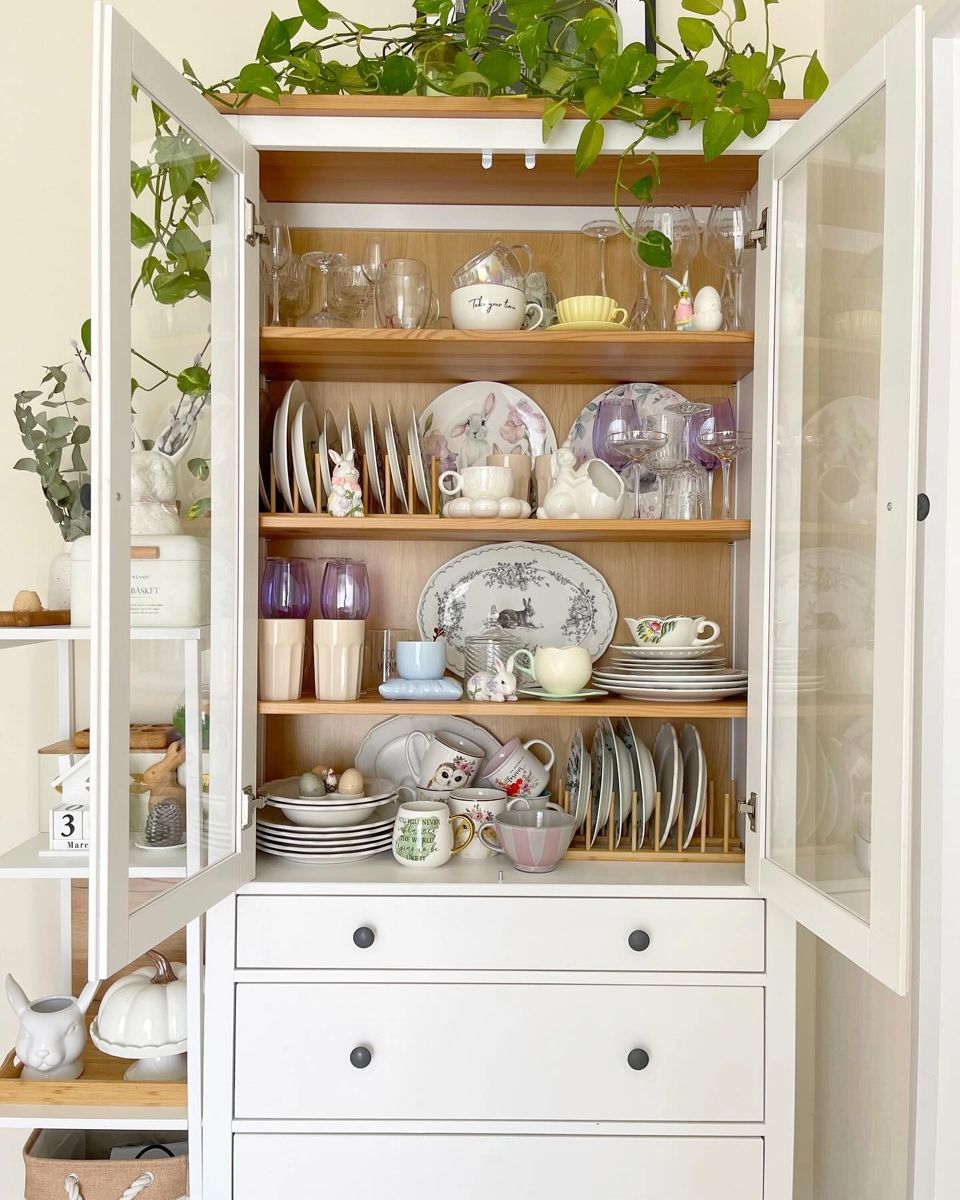 Open white china cabinet with warm wood interior displaying pastel Easter themed plates, rabbit figurines, mugs, and mixed glassware across four shelves.