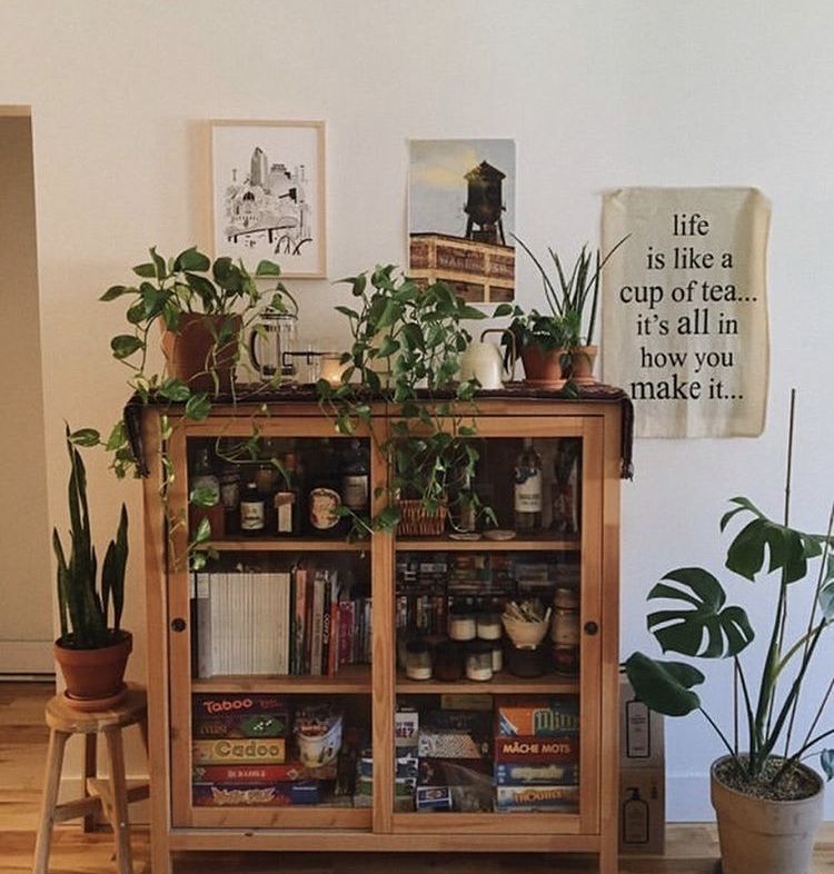 Natural wood glass-fronted cabinet overflowing with trailing pothos plants on top, styled with board games, pantry items, and ceramics inside.